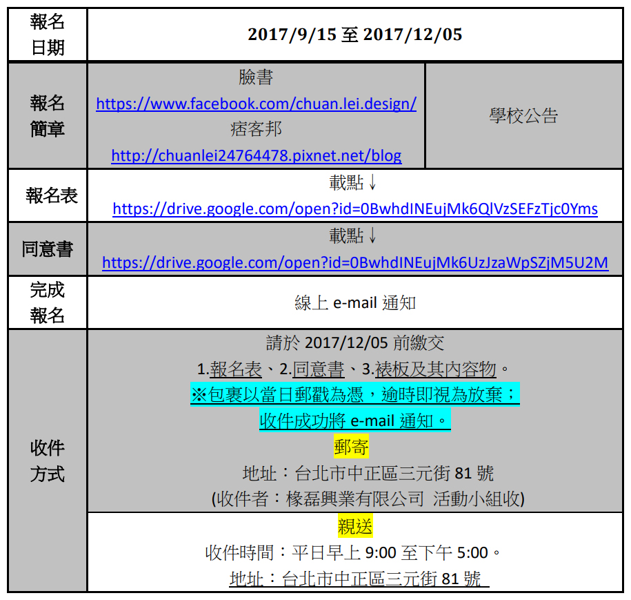 報名 日期 2017/9/15 至 2017/12/05 報名 簡章 臉書 https://www.facebook.com/chuan.lei.design/ 痞客邦 http://chuanlei24764478.pixnet.net/blog 學校公告 報名表 載點↓ https://drive.google.com/open?id=0BwhdINEujMk6QlVzSEFzTjc0Yms 同意書 載點↓ https://drive.google.com/open?id=0BwhdINEujMk6UzJzaWpSZjM5U2M 完成 報名 線上 e-mail 通知 收件 方式 請於 2017/12/05 前繳交 1.報名表、2.同意書、3.裱板及其內容物。 ※包裹以當日郵戳為憑，逾時即視為放棄； 收件成功將 e-mail 通知。 郵寄 地址：台北市中正區三元街 81 號 (收件者：椽磊興業有限公司 活動小組收) 親送 收件時間：平日早上 9:00 至下午 5:00。 地址：台北市中正區三元街 81 號