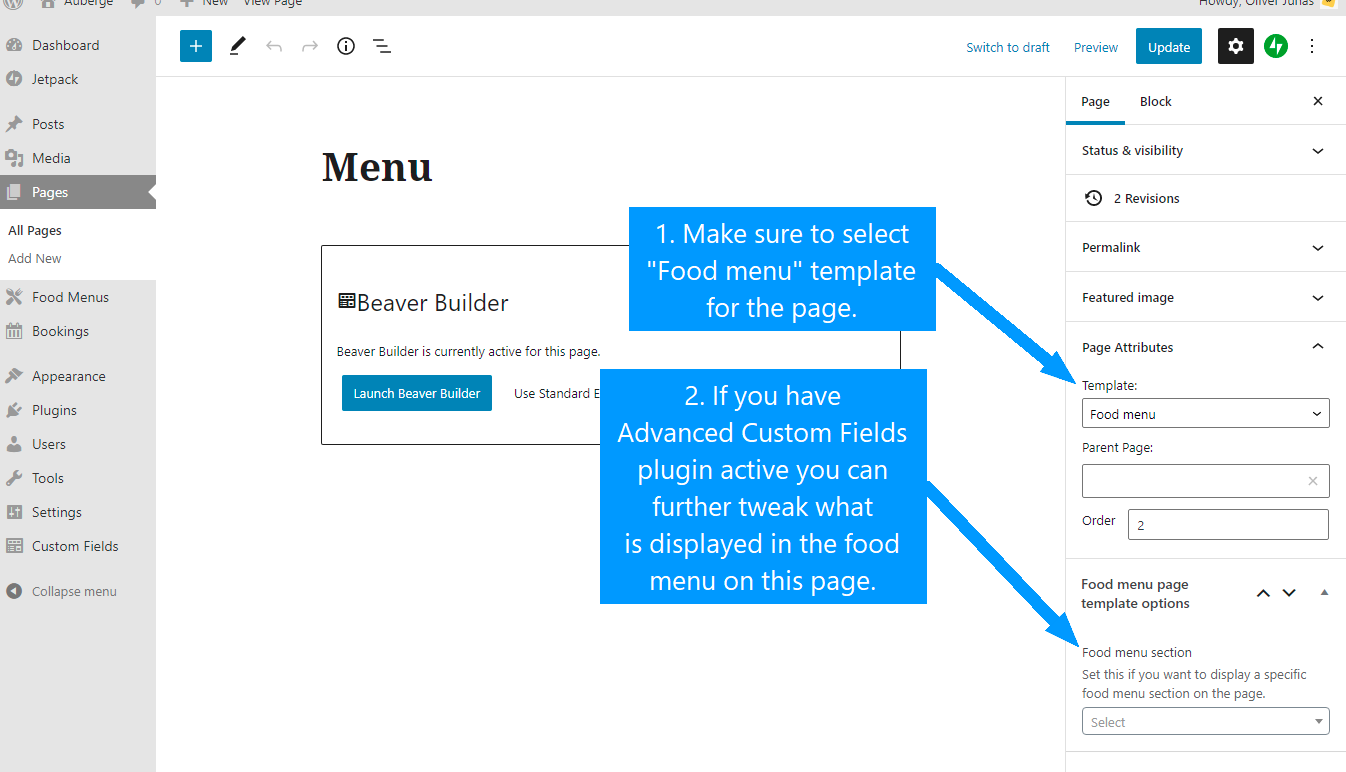 Auberge theme Food Menu page template setup