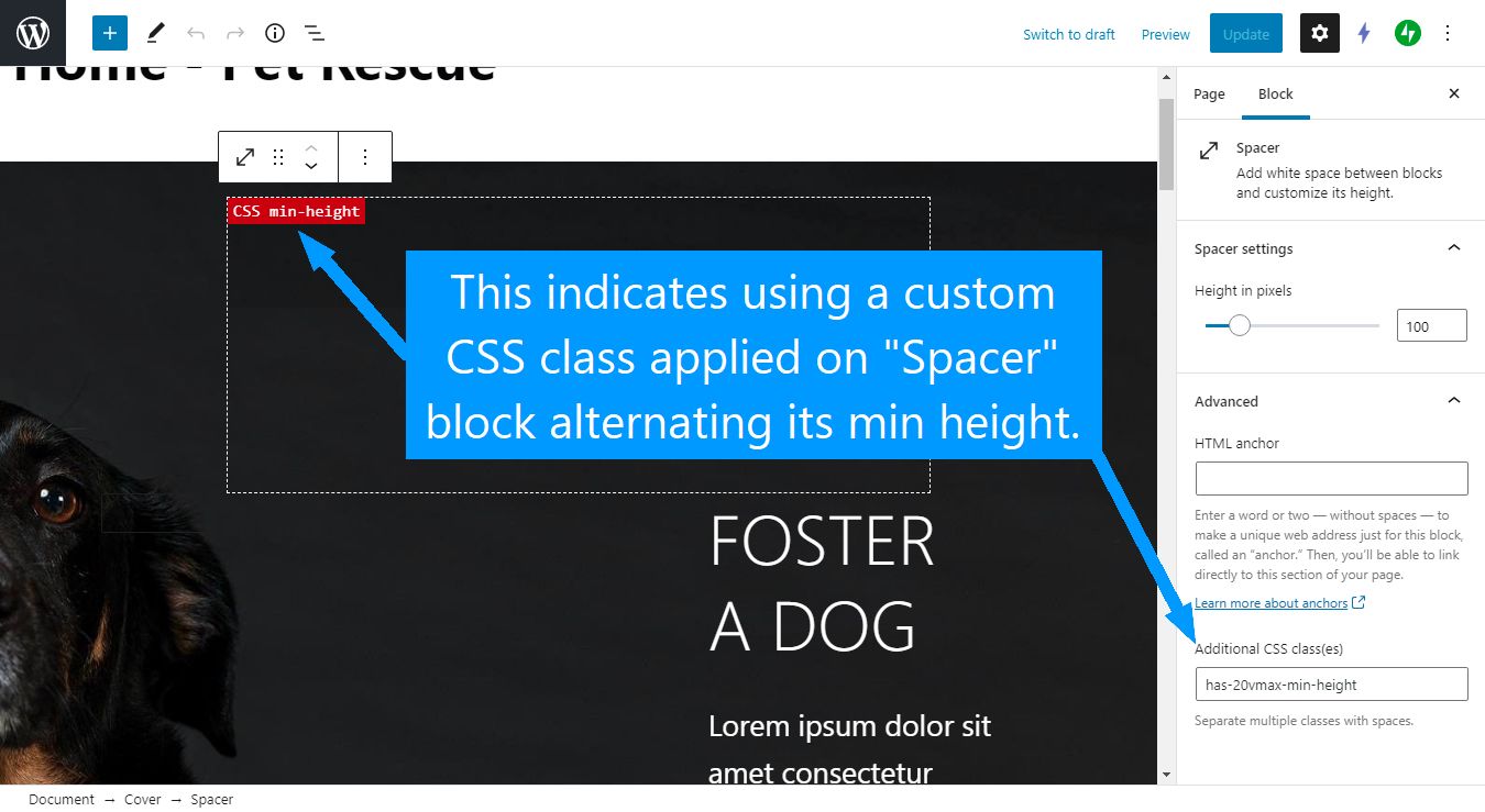 Indicating min height altering CSS class in use for the "Spacer" block
